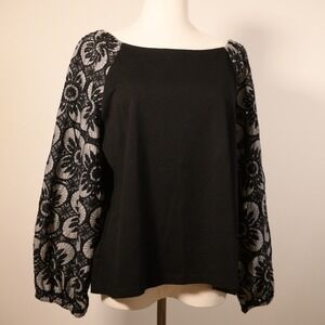 Ann Taylor Factory Black Lace Sleeve Knit Top Boat Neck XL